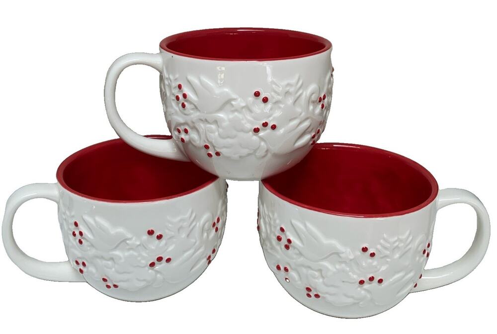 3 Starbucks Christmas Coffee Mugs Peace Doves Holly Berries 12 Oz Red Interior